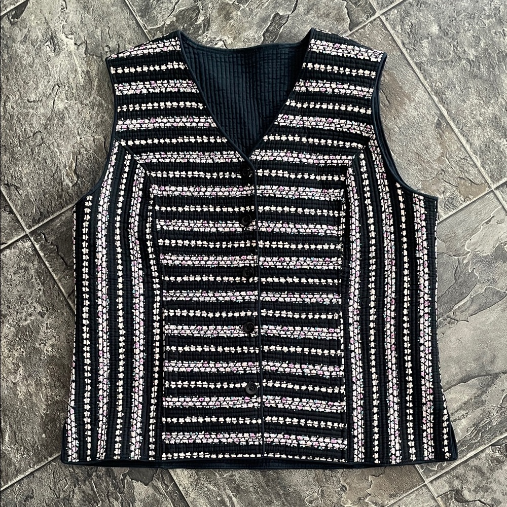 REVERSIBLE Women’s Floral Striped/Black Button Vest Cottagecore Coastal Grandma